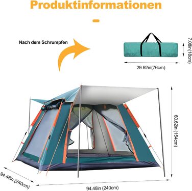 Намет туристичний Pop Up для 3-4 особи, водонепроникний, легкий, зелений, Ergocar