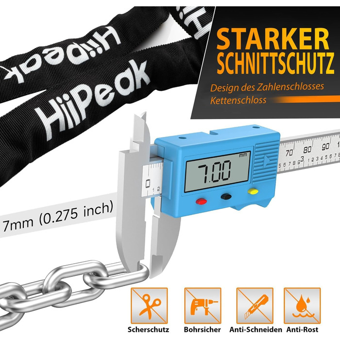 Надійне велозамок HiiPeak з 5-значним кодом, 94 см, 7 мм, для велосипеда, мотоцикла, грилю, чорний