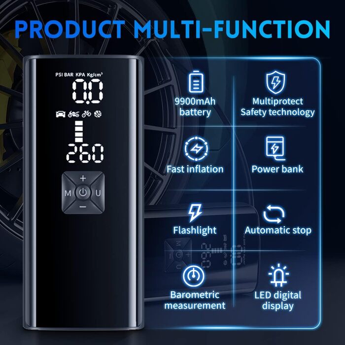 Портативний електричний компресор Adicop 9900mAh, насос 150PSI з манометром для авто, велосипедів, мотоциклів, м'ячів