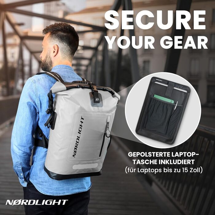 Водонепроникний рюкзак Nordlight Roll Top 25L Hybrid 25' з відділенням для 15-дюймового ноутбука, зовнішніми та внутрішніми кишенями, та комфортною системою перенесення. Антрацитовий сірий колір.