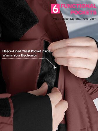 Жіноча водонепроникна куртка для сноубордингу та лижного спорту FREE SOLDIER з флісовою підкладкою, тепла зимова куртка з капюшоном, повністю проклеєні шви (XXL, Бордовий)