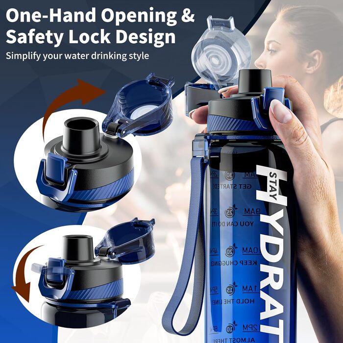 Спортивна пляшка для води 1л Tritan без BPA з маркуванням часу, 1000 мл, чорно-синя