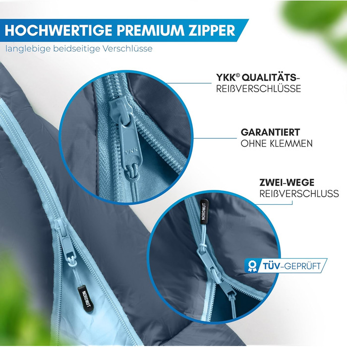 Спальний мішок NORDMUT® для дорослих – компактний та ультралегкий (900/1500г) – на 3 сезони (250 GSM) & літній спальний мішок (100 GSM) – мумієвидний спальник для кемпінгу, відпочинку на природі та фестивалів. Колір: Marine.