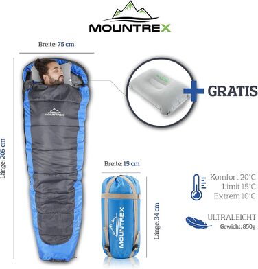 Сплячий мішок MOUNTREX® – ультралегкий та компактний (850г) – для відпочинку на природі, літній спальний мішок, мумієвидний (205x75см) – мале пакування та легкість – для підлітків та дорослих + подарунок: туристична подушка, зелений (блакитний/сірий)