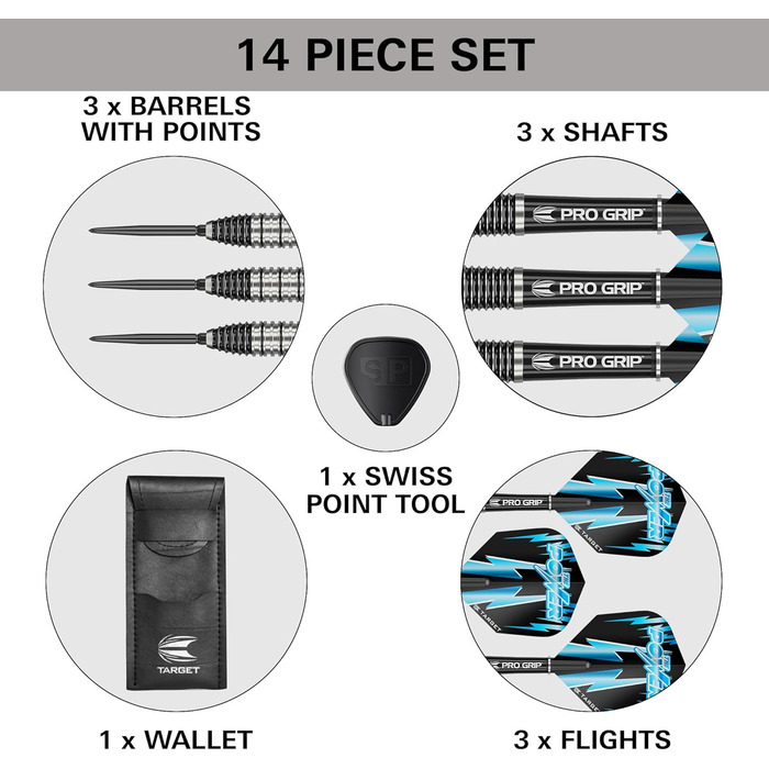 Дарти сталеві Target Darts Phil Taylor Power 8-Zero (80% вольфрам, 22/24/26г) + Swiss Point наконечники, Pro Grip шафти, No.6 пір'я