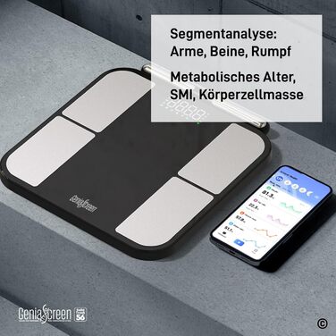 Вага для вимірювання жиру в тілі GeniaScreen SolidTrack - розумна вага з Bluetooth, LED-дисплеєм, 56 вимірювань, 180 кг, скло