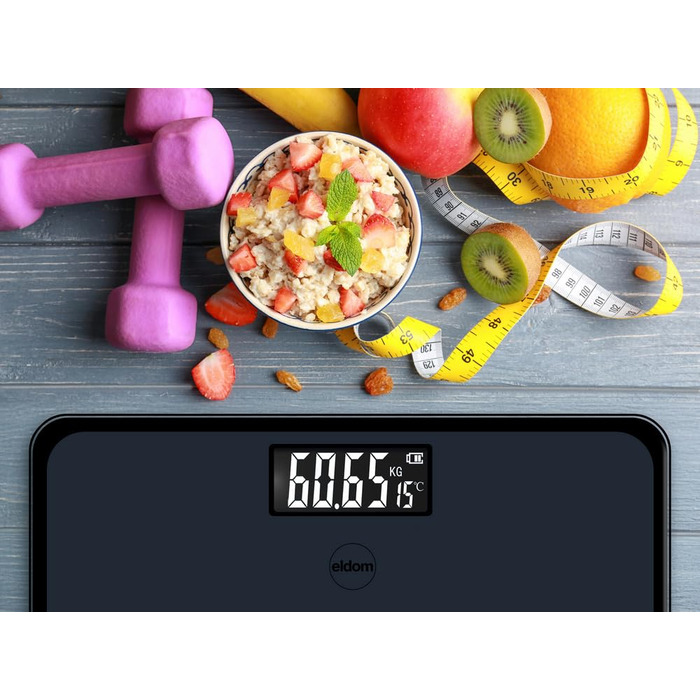 Електронні ваги Eldom GWO270 – ваги для людей з LED-дисплеєм, високою точністю, вимірюванням температури, 50 г точності, загартоване скло, антиковзаюча поверхня, автоматичне вмикання/вимикання, до 180 кг, 26 x 26 см
