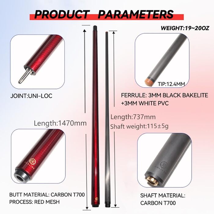 OKHEALING Більярдний кий: карбонове обхватною, 19 oz, 58 дюймів (147 см), 12.4 мм, Unilock, для гри в пул