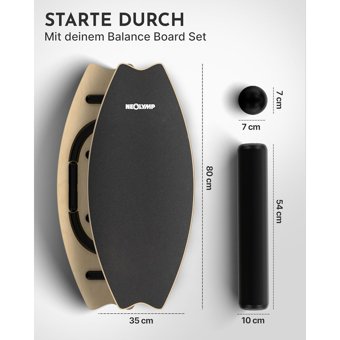 Балансборд NEOLYMP Holz – тренажер для балансу для дорослих та дітей – антиковзаюча поверхня, до 210 кг, 7 рівнів складності, магнітна настройка, чорний