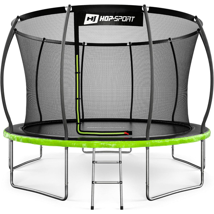 Трамплін Hop-Sport Outdoor – діаметр 244/305/366/427/488 см. Комплект з захисним сіткою, вигнутими ніжками та сертифікатами безпеки. У комплекті: сходи та захисний бордюр (для моделі 366 см)