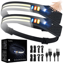 LED налобний ліхтар з акумулятором, ультратонкий, з інтелектуальним сенсором, 1500mAh, супер яскравий, 2 шт. 9 режимів світла, 4 кольори, легкий, водонепроникний для кемпінгу, бігу, риболовлі