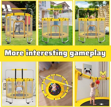 Дитячий батут з сіткою безпеки, регульованою поперечною перекладиною та гойдалкою, для хлопчиків та дівчаток 3-8 років (жовтий)