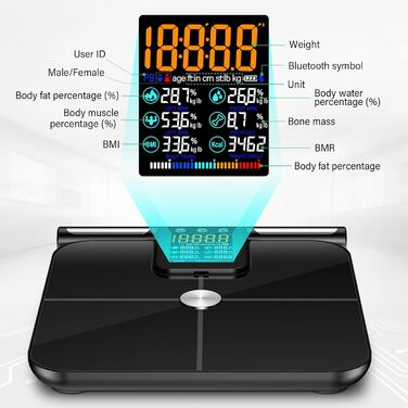 Вага для вимірювання жиру в тілі з датчиками рук, 8 електродів, цифрова вага з LCD дисплеєм, точна вага для вимірювання жиру та м'язової маси з APP, 32 показники, для вимірювання жиру, ІМТ та інше, чорного кольору