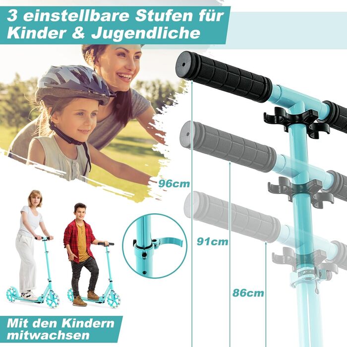 Дитячий трюковий самокат GOPLUS Roller Kinder 10 років, 3-ступенева регулювання висоти, легкий алюмінієвий, складаний, з LED-колесами, гальмом на задньому колесі, ременем та підставкою, до 100 кг, зелений