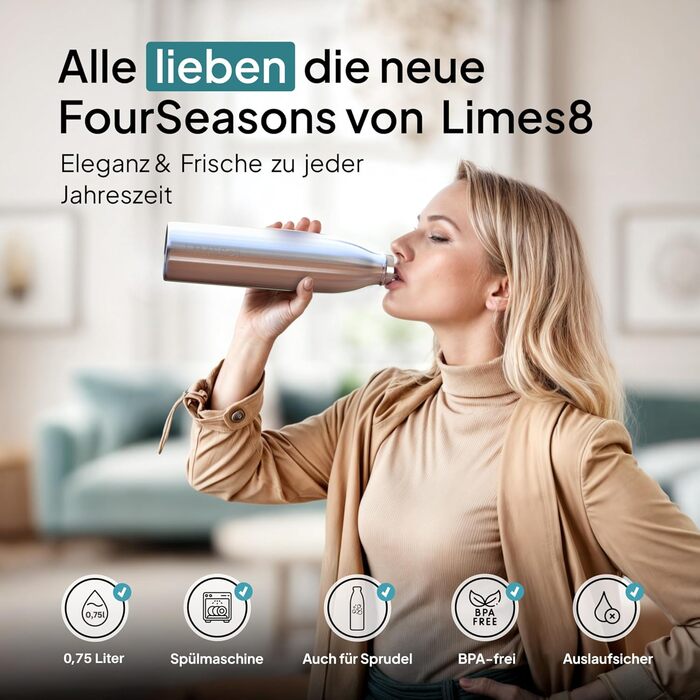 Термос-пляшка Limes 8 FourSeasons 750 мл з нержавіючої сталі для гарячих і холодних напоїв, герметична, підходить для газованої води, ізольована, для всіх сезонів
