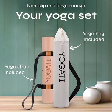 Протиковзкий килимок для йоги та фітнесу YOGATI з натурального каучуку, великий килимок для пілатесу та тренувань з розміткою та сумкою, коричневий