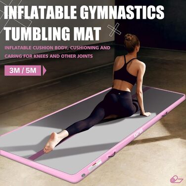 Гімнастичний надувний мат для перекидання BPB з електричним насосом. 10 футів. Килимок для тренувань, гімнастики, йоги, пляжного відпочинку. Рожевий.