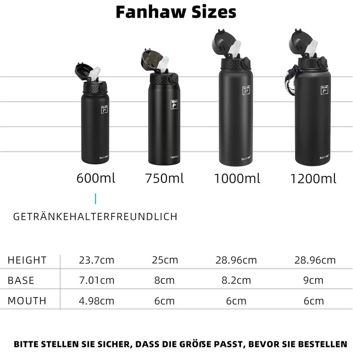 Фанхав 600 мл, ізольована спортивна пляшка для води з трубочкою, чорна, для школи, дітей, чоловіків та жінок