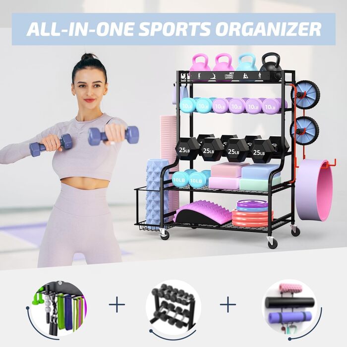 Органайзер для йоги Mythinglogic Regal: килимок, роли, гантелі, блоки. Стенд для фітнес-обладнання. Чорний