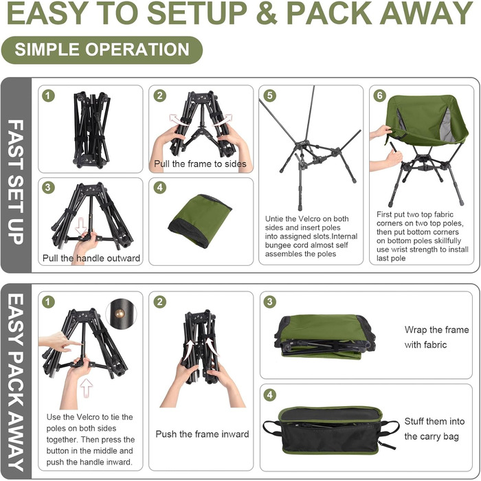 Складний туристичний стілець TOPCHANCES для кемпінгу та відпочинку на природі (армійний зелений)