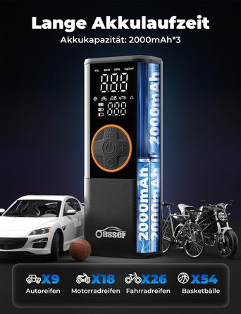 Електричний компресор Oasser з акумулятором 6000mAh, 150 PSI, з двома дисплеями, для авто, мото, велосипеда, м'ячів, подорожей та кемпінгу