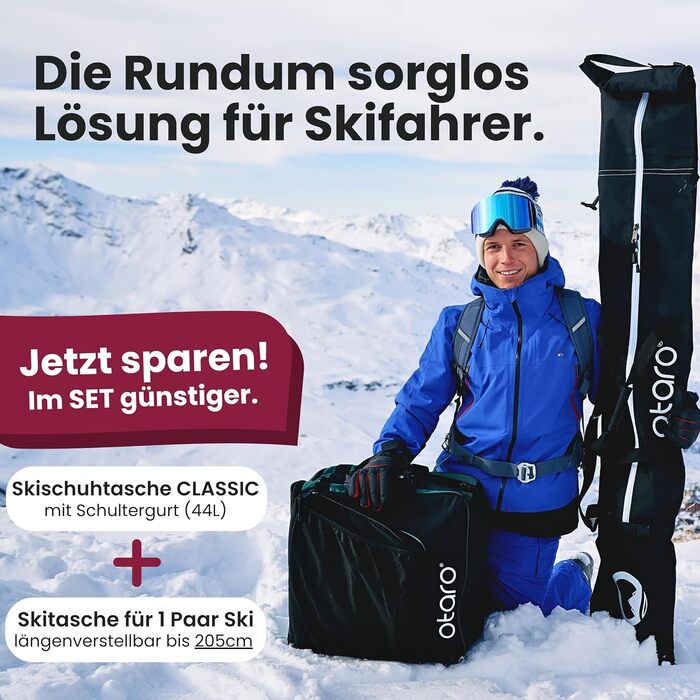 Набір для перевезення лиж та черевиків Otaro: містка сумка для 1-2 пар лиж (до 205 см) та сумка для черевиків, водонепроникна, міцна, з регульованою довжиною та м'яким плечовим ременем, зелена