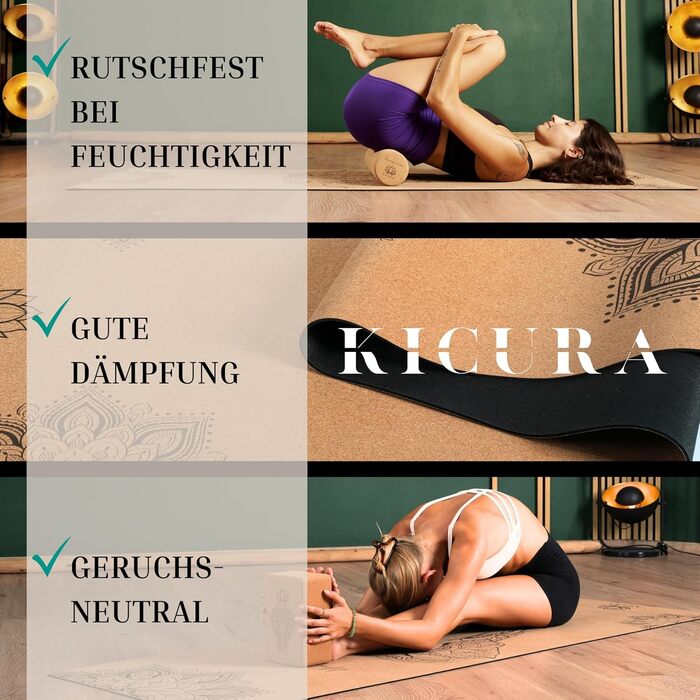 Кікура Йога-мат з корку та натурального каучуку з мотивом слона – Нековзна преміум-мат, 4 мм, з ремінком – Екологічна, 3 розміри (M, L, XL), XL - 200x68x0,4 см