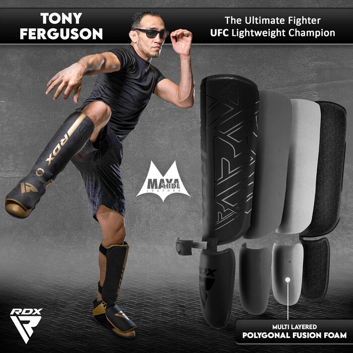 Захисні щитки для гомілки RDX Kara з Maya Hide для муай-тай, кікбоксингу, MMA, карате, BJJ, крав-мага, спарингів, з захистом стопи, шкіряні