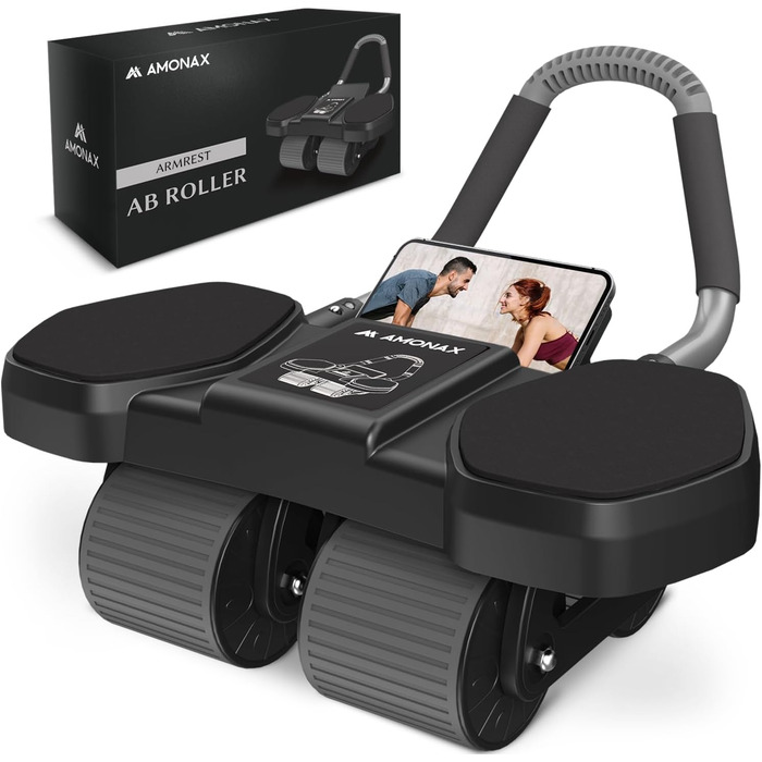 Ролер для пресу Amonax з чотирма колесами та опорою для ліктів - тренажер для пресу для чоловіків та жінок, чорний