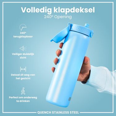 Сталева пляшка для води ion8 Evo 1 л, герметична з одним натисканням, легка, колір Alaska Blue