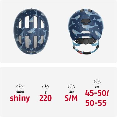 Дитячий велосипедний шолом ABUS Smiley 3.0, синій, для хлопчиків і дівчаток, глибока посадка, отвір для хвостика, розмір M (50-55 см), дизайн Blue Whale