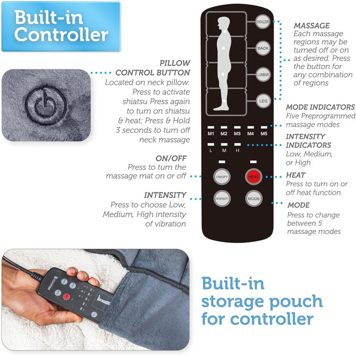 Масажний килимок Comfier з підігрівом, 10 вібраційних моторів та 4 нагрівальними подушками, електричний масажер для тіла, шиї, плечей та спини