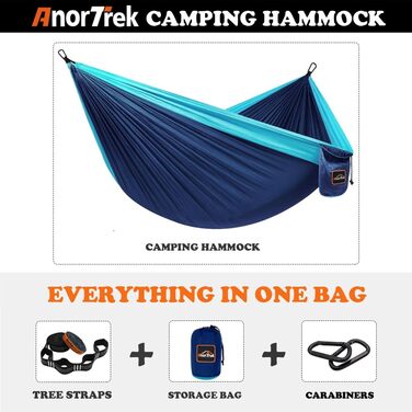 Гамак для кемпінгу AnorTrek, легкий, туристичний, з двома стропами, 280 x 140 см, блакитний/темно-синій