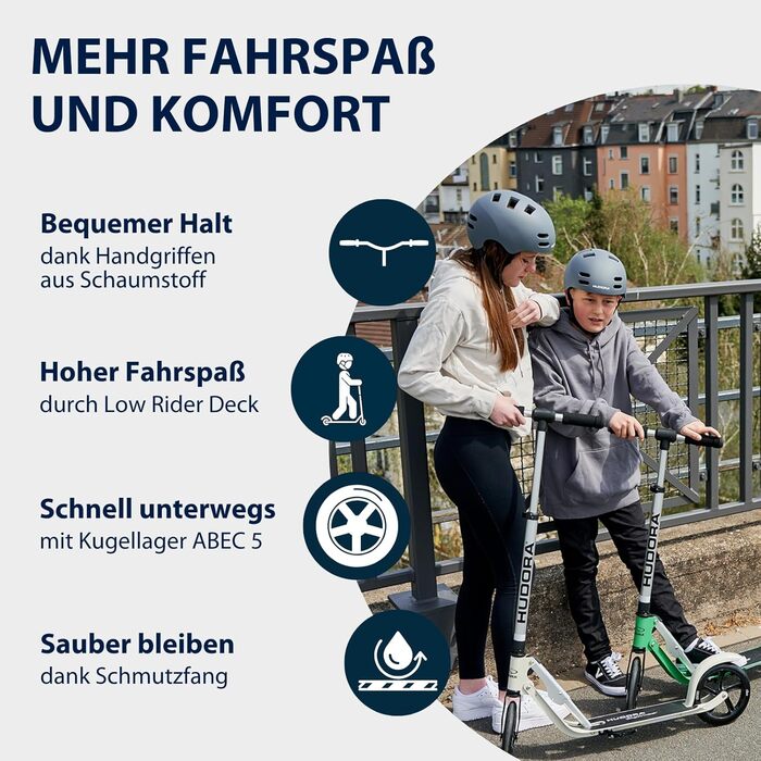 HUDORA BigWheel Pure Scooter: Скутер з алюмінієвої рами, регульованої висоти, складний, до 100 кг, для підлітків та дорослих (білий)