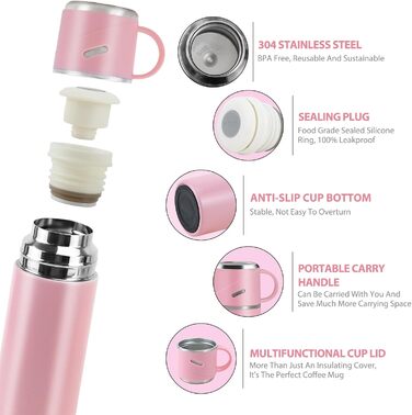 Термос IAGORYUE з нержавіючої сталі, 0,55 л, з герметичним кришкою та ручкою, подвійні стінки, зберігає тепло/холод до 12 годин, для спорту, офісу, відпочинку на природі (Рожевий)