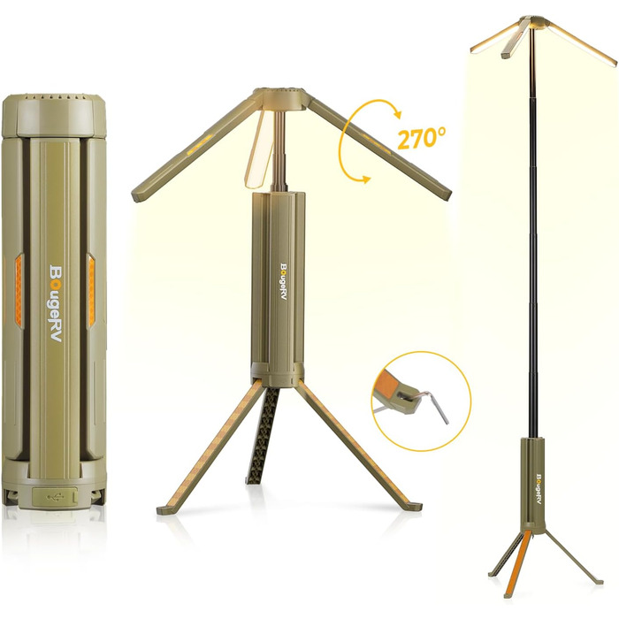 Ліхтар кемпінговий BougeRV 15600mAh, перезарядна лампа для кемпінгу, регульована висота та кут, IP54, водонепроникний, для кемпінгу, подорожей, надзвичайних ситуацій, зелений