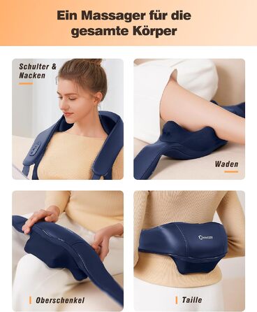 Бездротовий масажер для шиї та плечей KNQZE 4D Shiatsu з інфрачервоним підігрівом (графен), глибокий розминаючий масаж спини, синій