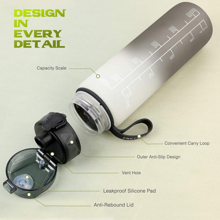 Спортивна пляшка для води 1л BPA-free з неслизьким гумовим грифом, для велосипеда, активного відпочинку, школи, спортзалу, колір: зелений (перехід сіро-чорний)
