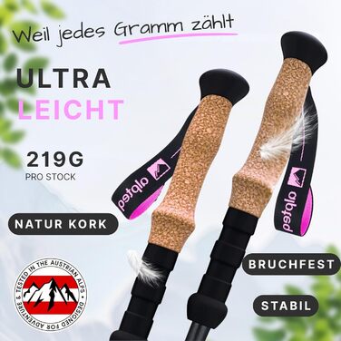 Телескопічні трекінгові палиці з карбону та алюмінію для скандинавської ходьби, регульовані (65–135 см), ергономічні, рожеві