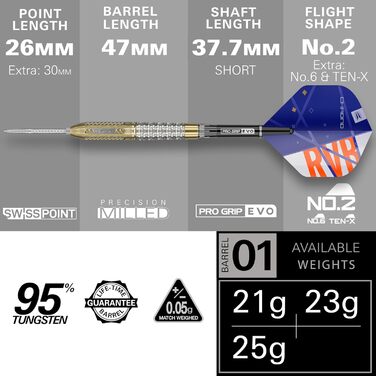 Дротики для дартсу Target Raymond Van Barneveld Chrono Swiss Point, 95% вольфраму, 21/23/25 г, кейс, запасні хвости та голки