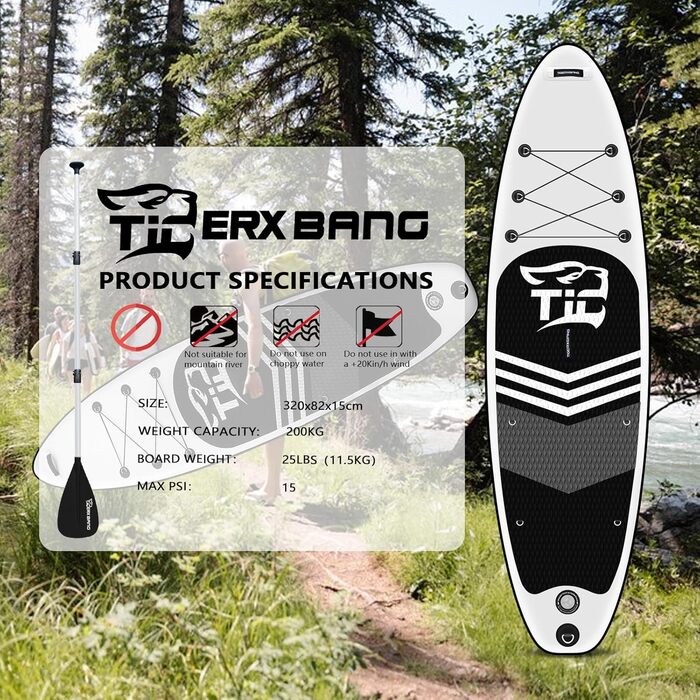SUP дошка TIGERXBANG Black Tiger надувна з каяком, веслом, 320x82x15 см для дорослих та дітей