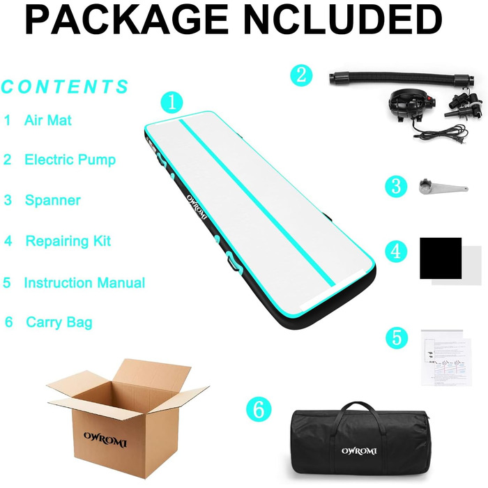 Надувний гімнастичний мат для акробатики та tumbling (6м x 1м x 10см) з електронасосом, зелений/чорний