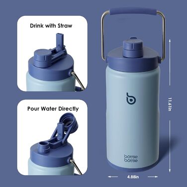 Термос BOTTLE BOTTLE 1.8 л із соломинкою, пігулочницею, ручкою та кришкою, нержавіюча сталь, спортивна пляшка для води (синя)