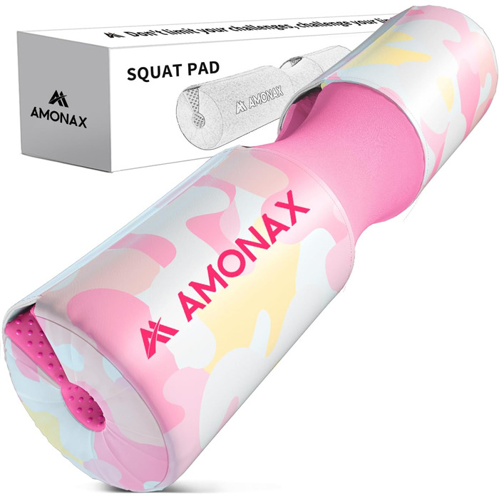 Amonax Подушка для штанги, товста шийна накладка з екошкіри, для присідань, хіп-трасту та фітнесу, рожева камуфляж