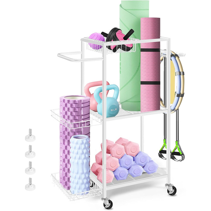 Стійка для зберігання спортивного обладнання SMUSEI: 3 яруси, металева, з роликами та 8 гачками. Підходить для йог-матів, гантелей, гир та іншого обладнання для дому.