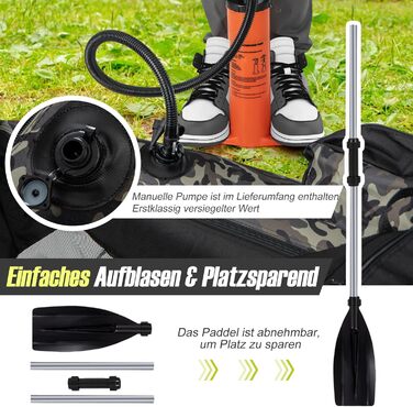 Надувне рибальське човен GYMAX: компактне belly boat з насосом, веслами та регульованими ременями. Міцне, до 150 кг, з лінійкою для риби, камуфляж.