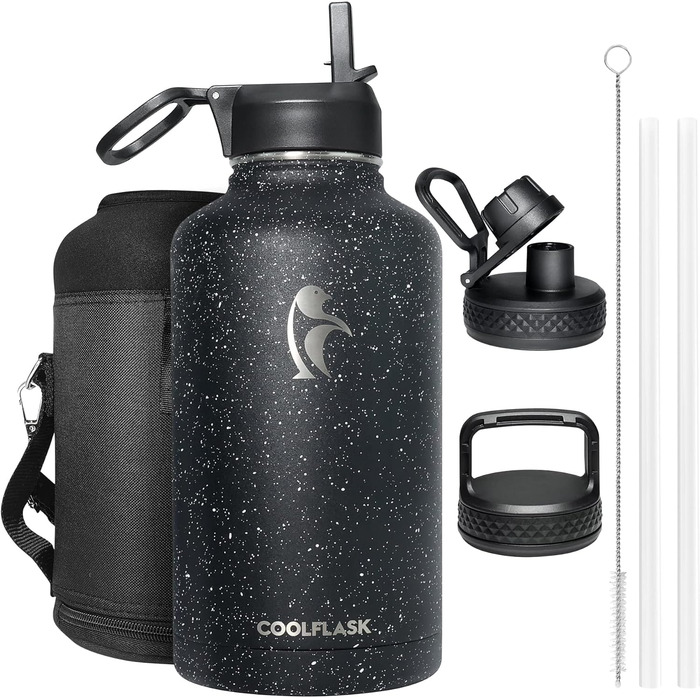 Термос-банка Coolflask 2 л з трубочкою, 3 кришки, вакуумна пляшка з нержавіючої сталі для спорту і подорожей, Starry Black, 2000 мл, чорна