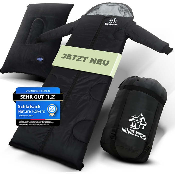 Спальний мішок з рукавами Nature Rovers – дорослий, для кемпінгу та відпочинку на природі (3 сезони), водонепроникний, з отворами для ніг, включає подушку, чорний