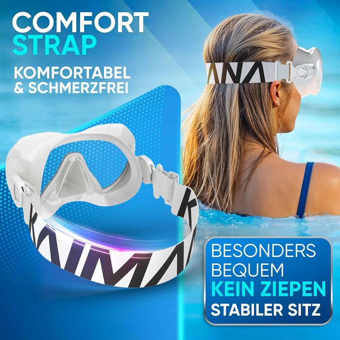 Набір для снорклінгу KAIMANA® AquaVision Elite для дорослих з сумкою, зручна маска для снорклінгу, альтернатива масці для снорклінгу, маска з текстильним/силіконовим ремінцем (AVL Білий, Comfort - Strap)