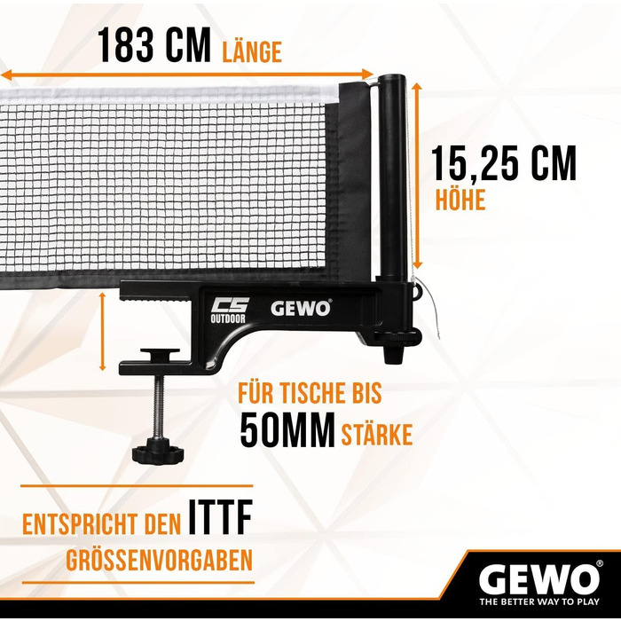 Мережа для настільного тенісу GEWO CS Outdoor - вулична, стійка до погодних умов, з кріпленнями та регулюванням висоти, чорна